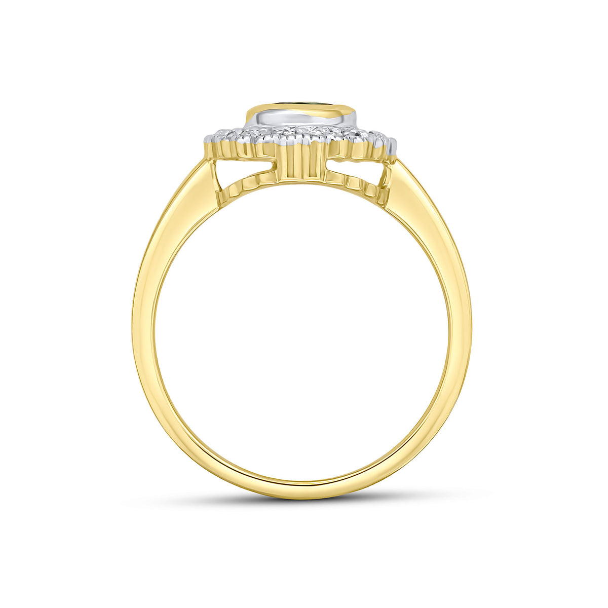 9CT YELLOW GOLD ROUND RUBOVER SAPPHIRE AND MILLEGRAIN ROUND DIAMOND CLUSTER RING. RHODIUM TO DIAMONDS