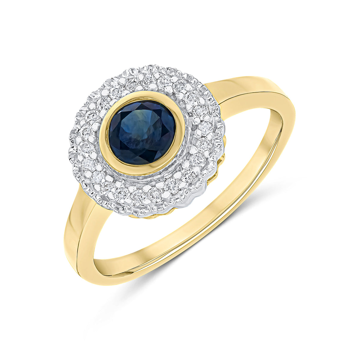 9CT YELLOW GOLD ROUND RUBOVER SAPPHIRE AND MILLEGRAIN ROUND DIAMOND CLUSTER RING. RHODIUM TO DIAMONDS