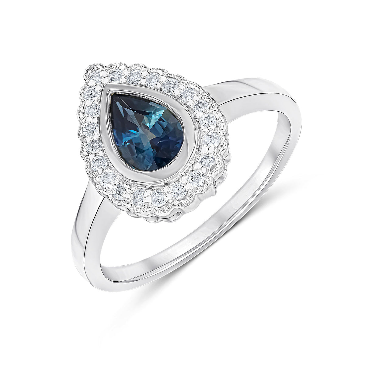 9CT WHITE GOLD PEARSHAPE RUBOVER SAPPHIRE AND MILLEGRAIN ROUND DIAMOND CLUSTER RING