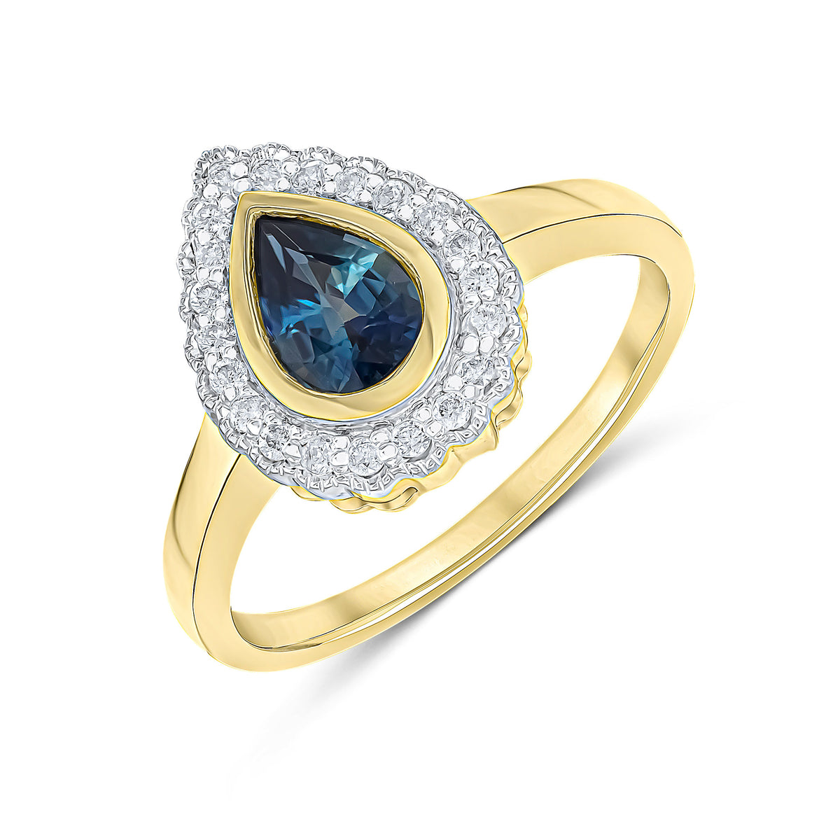 9CT YELLOW GOLD PEARSHAPE RUBOVER SAPPHIRE AND MILLEGRAIN ROUND DIAMOND CLUSTER RING. RHODIUM TO DIAMONDS