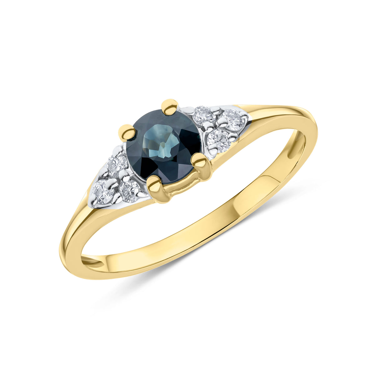 9CT YG 5MM ROUND SAPPHIRE & DIAMOND TREFOIL SHOULDERS WIHT RHODIUM TO DIAMONDS