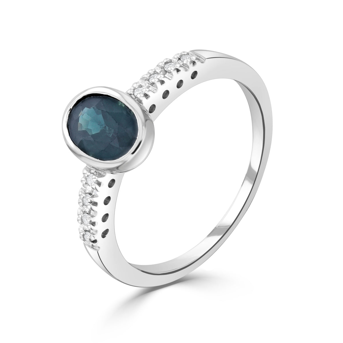 9CT WG RUBOVER 7X5 OVAL SAPPHIRE SINGLE STONE RING WITH CLAW SET DIAMOND SHOULDERS
