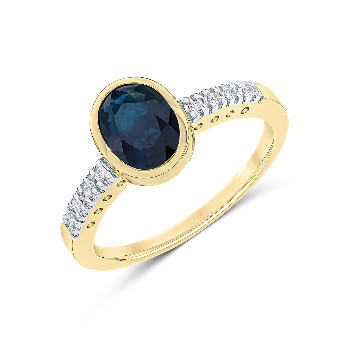 9CT YG RUBOVER 8X6 OVAL SAPPHIRE SINGLE STONE RING WITH CLAW SET DIAMOND SHOULDERS. RHODIUM TO DIAMONDS