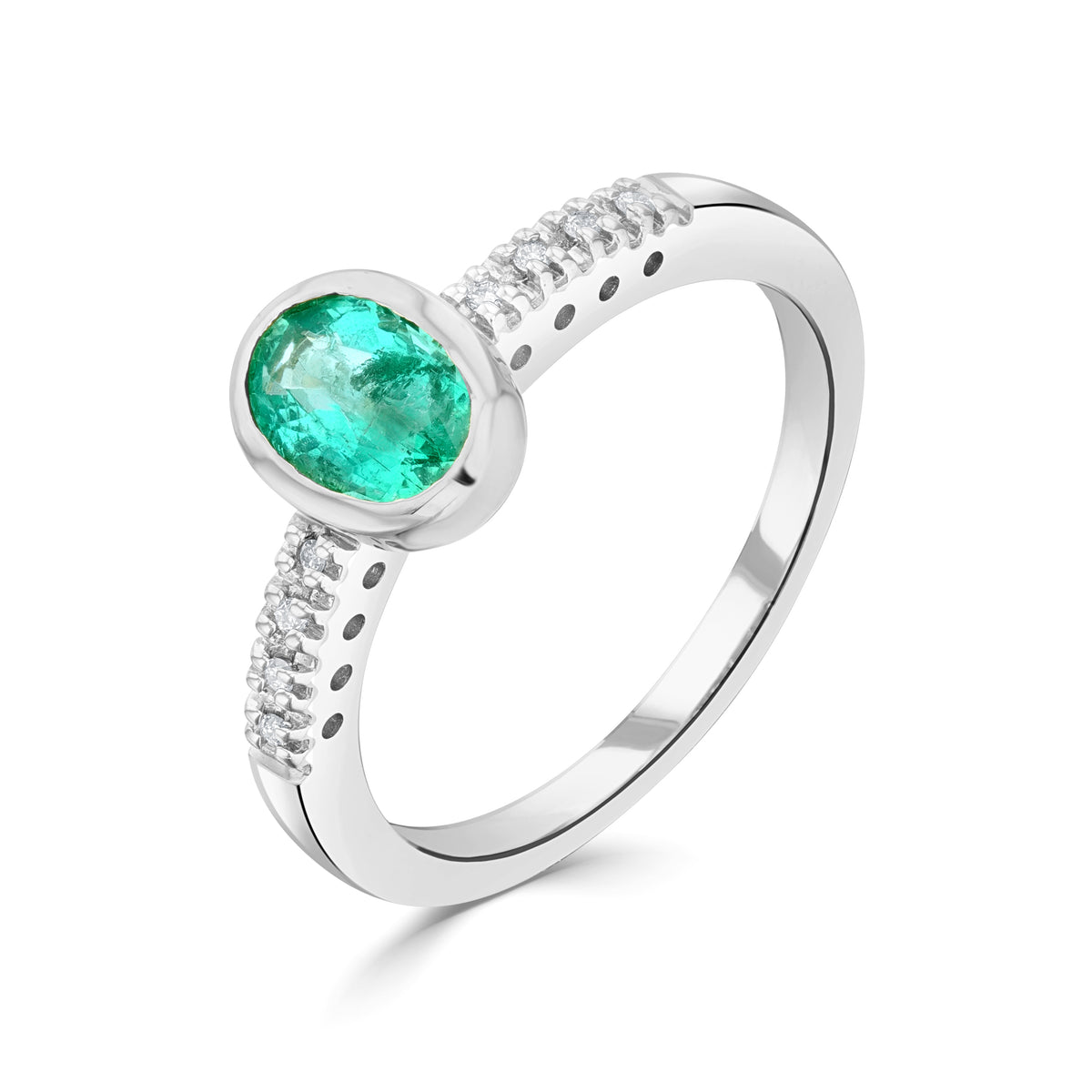 9CT WG RUBOVER 7X5 OVAL EMERALD SINGLE STONE RING WITH CLAW SET DIAMOND SHOULDERS
