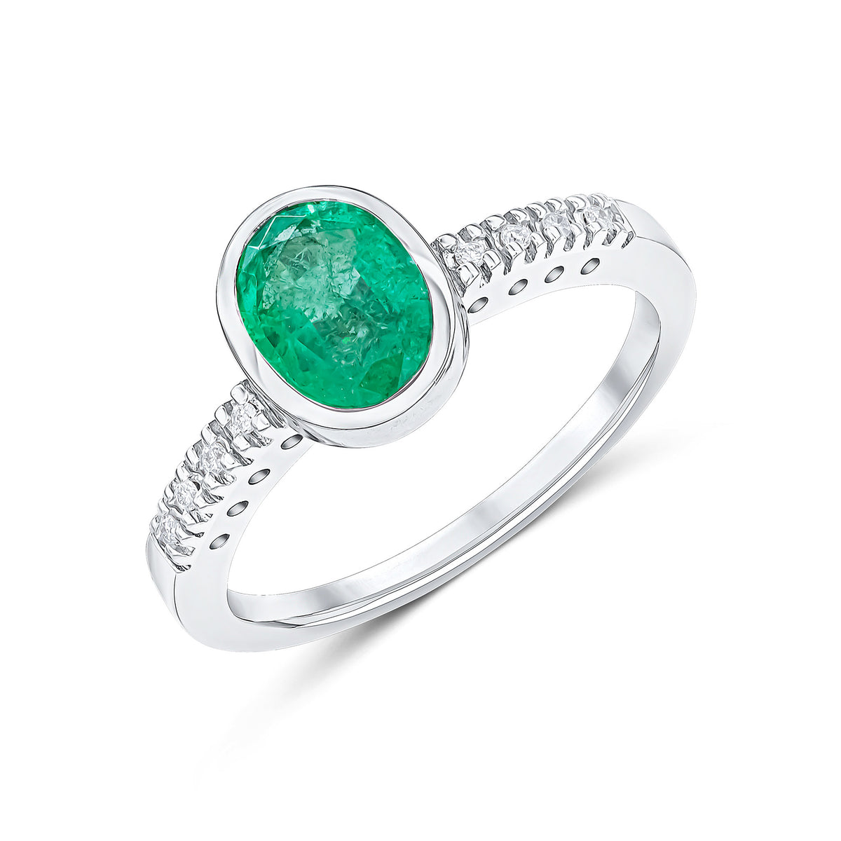 9CT WG RUBOVER 8X6 OVAL EMERALD SINGLE STONE RING WITH CLAW SET DIAMOND SHOULDERS