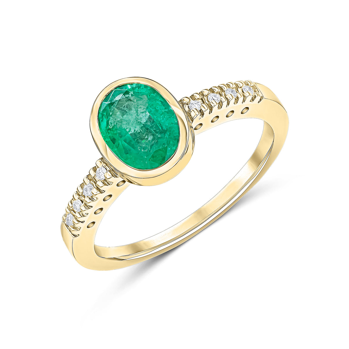 9CT YG RUBOVER 8X6 OVAL EMERALD SINGLE STONE RING WITH CLAW SET DIAMOND SHOULDERS. RHODIUM TO DIAMONDS