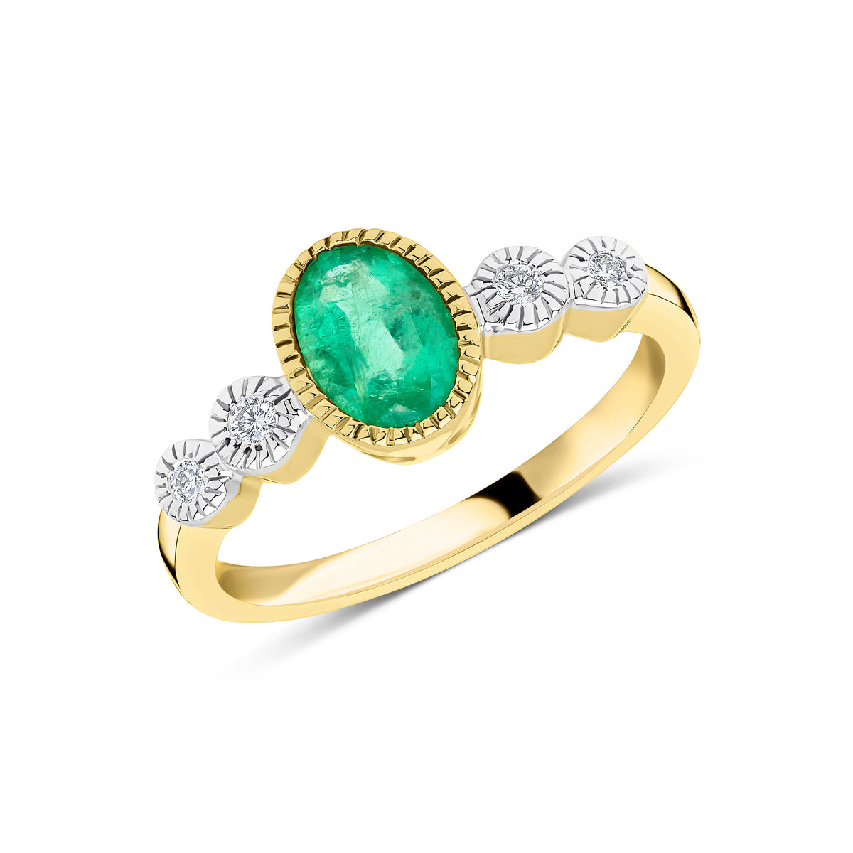 9CT YG 7X5 OVAL EMERALD & DIAMOND 2ST SHOULDERS MILLEGRAIN SET RING. RHODIUM TO DIAMONDS