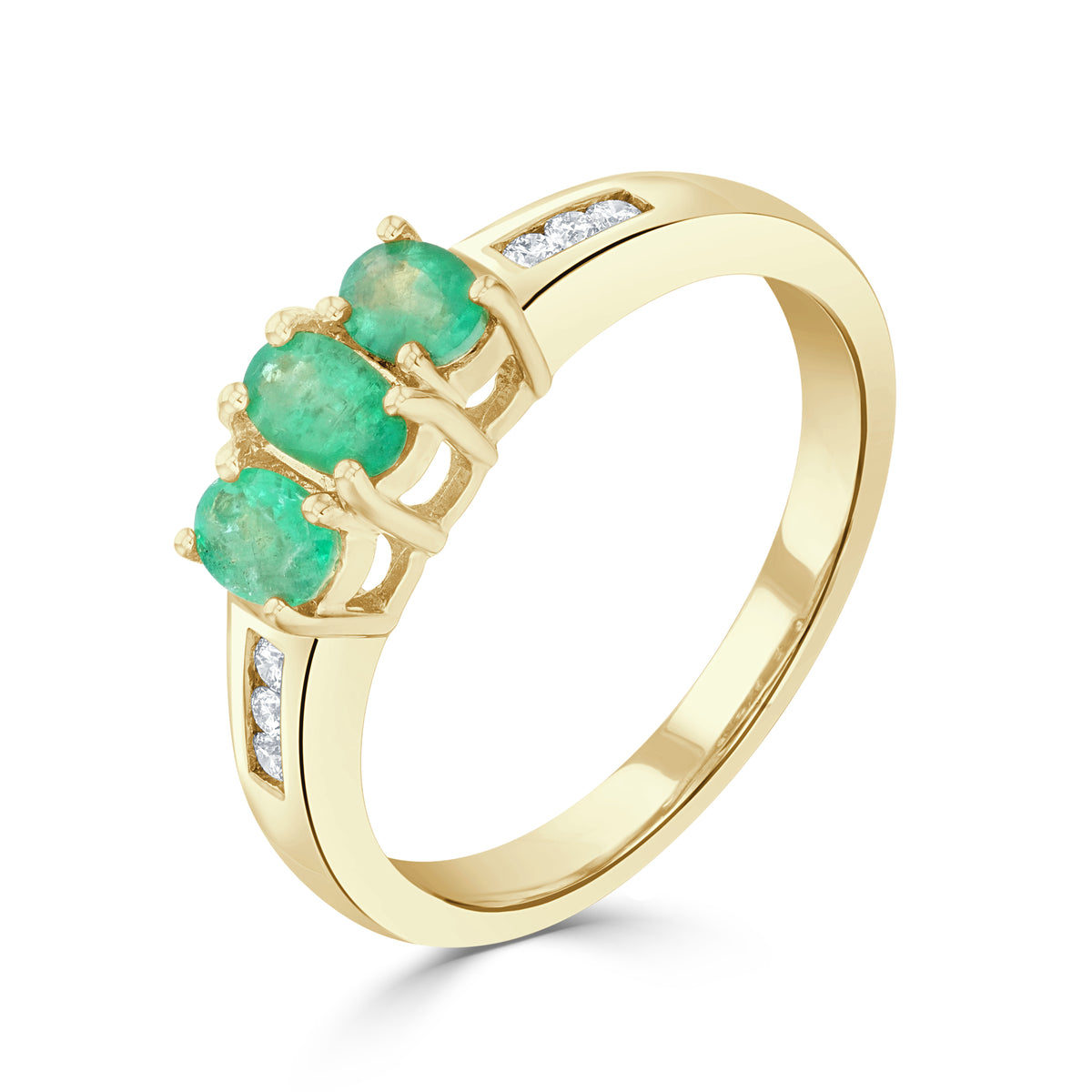 9CT YG OVAL EMERALD CLAW SET 3ST RING WITH CHANNEL SET DIAMOND SHOULDERS