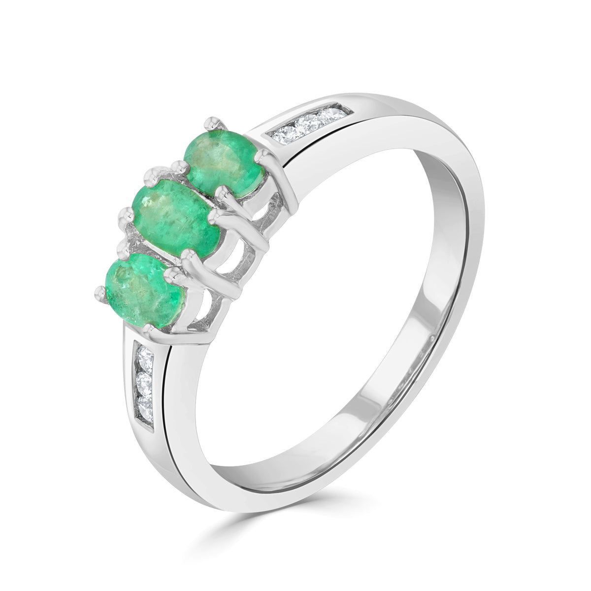 9CT WG OVAL EMERALD CLAW SET 3ST RING WITH CHANNEL SET DIAMOND SHOULDERS