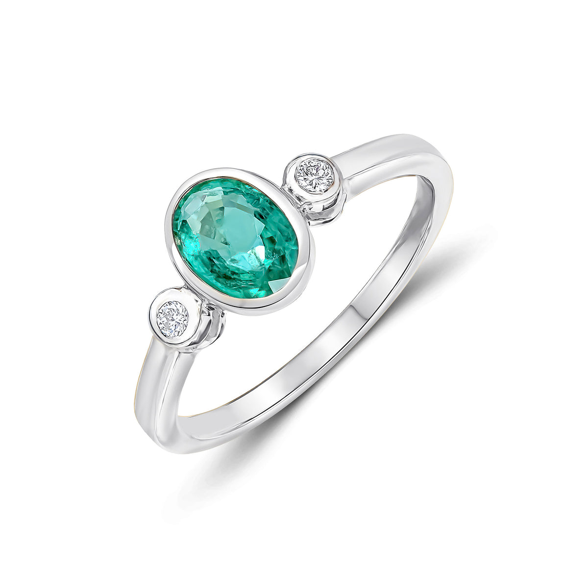 9CT WG 7X5 OVAL EMERALD AND ROUND DIAMOND 3ST RUBOVER RING