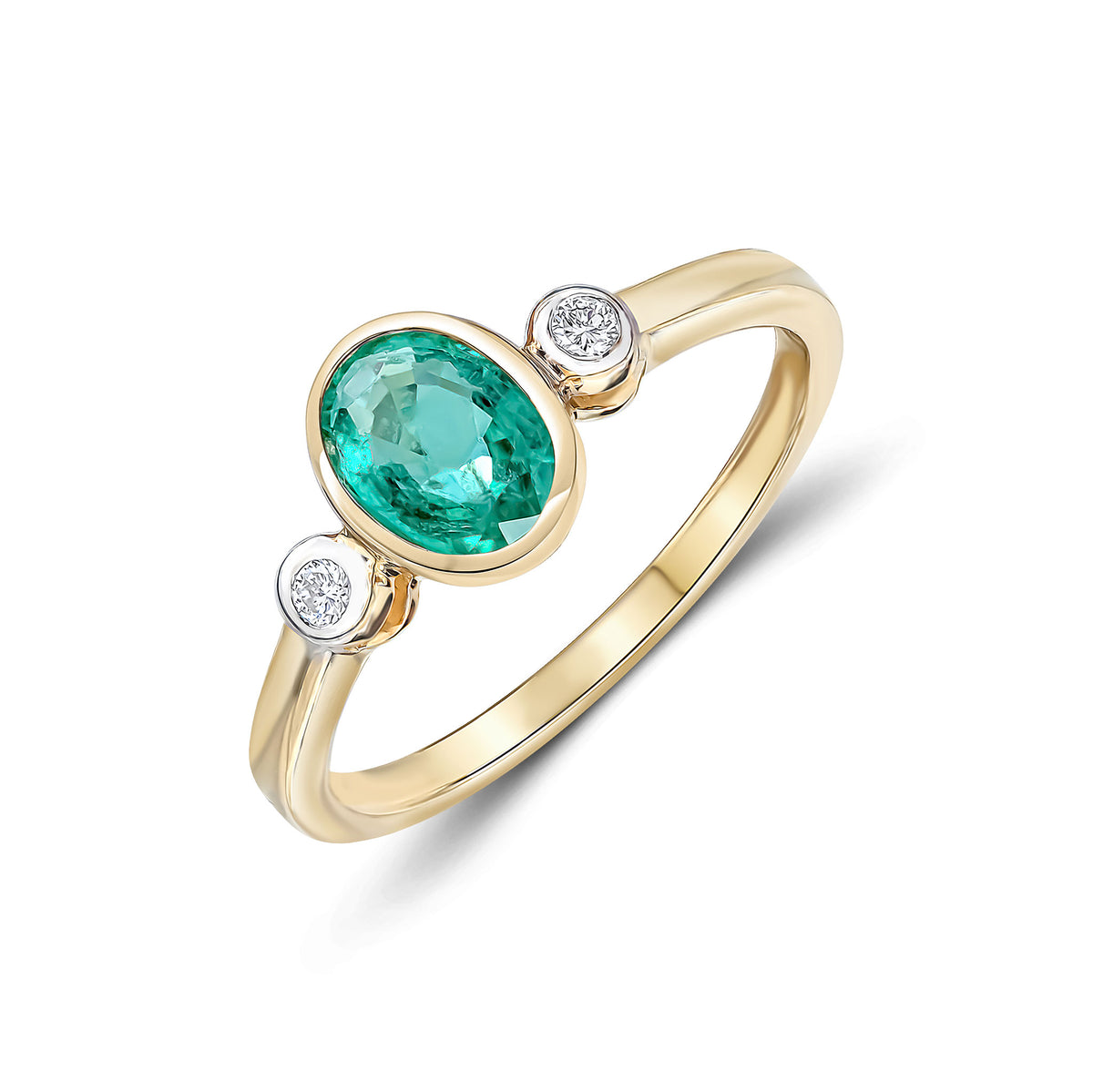 9CT YG 7X5 OVAL EMERALD AND ROUND DIAMOND 3ST RUBOVER RING. RHODIUM TO DIAMONDS