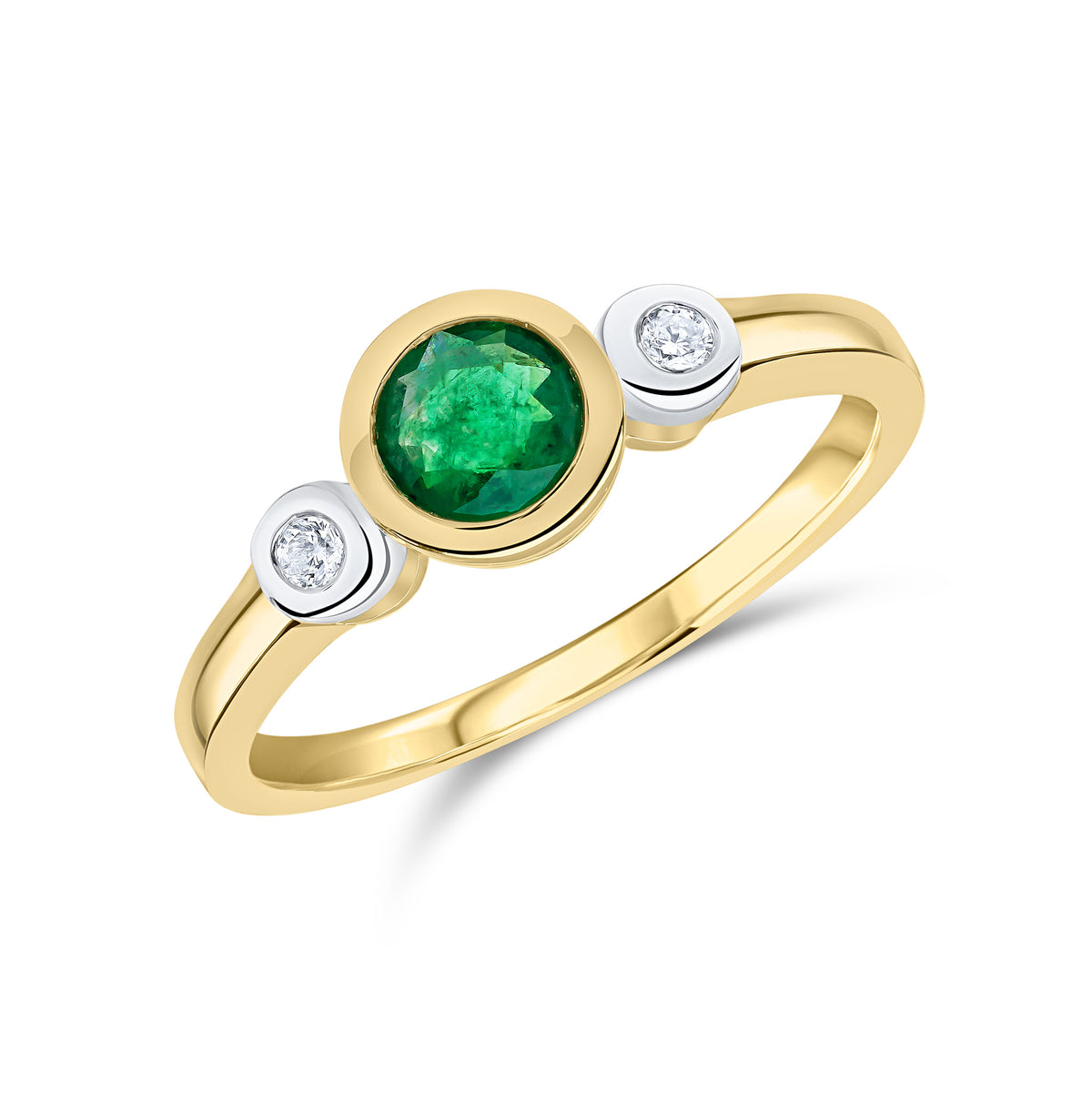 9CT YG 5MM ROUND EMERALD AND DIAMOND RUBOVER 3ST RING.RHODIUM TO DIAMONDS