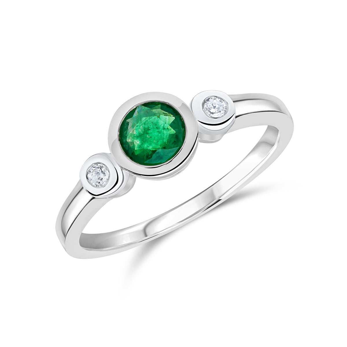 9CT WG 5MM ROUND EMERALD AND DIAMOND RUBOVER 3ST RING