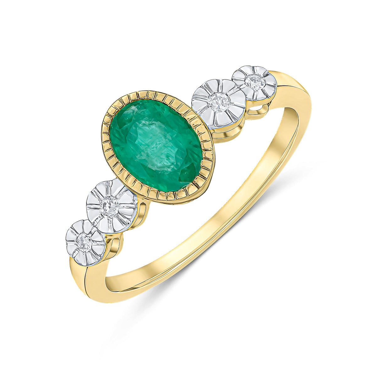 9CT YELLOW GOLD MILLEGRAIN OVAL EMERALD AND ILLUSION DIAMOND 4ST SHOULDERS RING