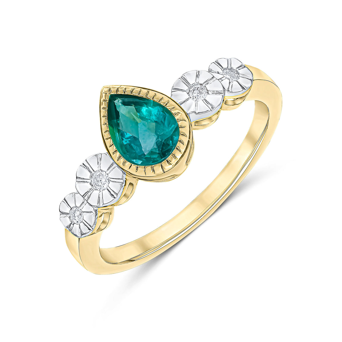 9CT YELLOW GOLD MILLEGRAIN PEARSHAPE EMERALD AND ILLUSION DIAMOND 4ST SHOULDERS RING. RHODIUM TO DIAMONDS