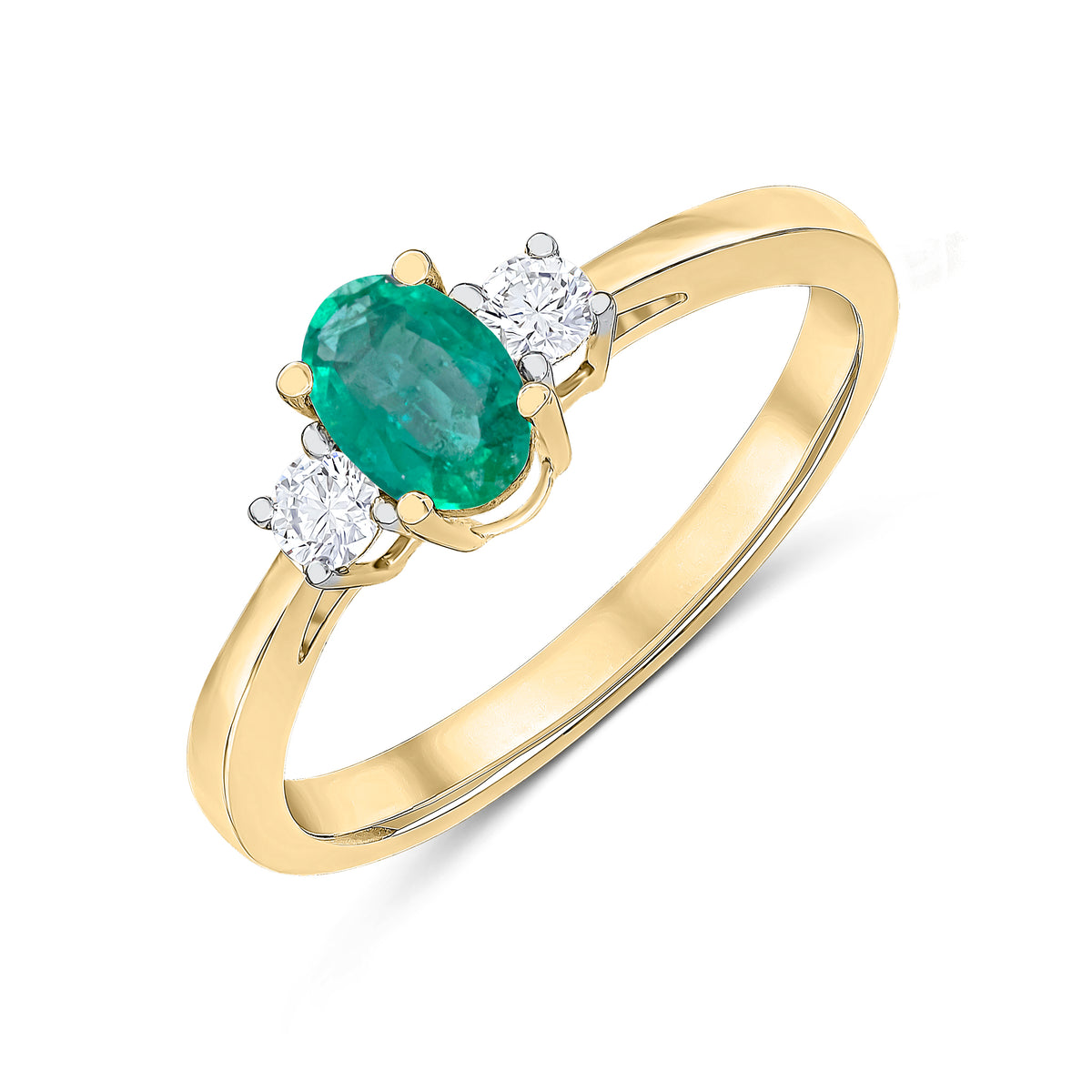 9CT YG 6X4 OVAL EMERALD AND ROUND DIAMOND CLAW SET 3ST RING. RHODIUM TO DIAMONDS
