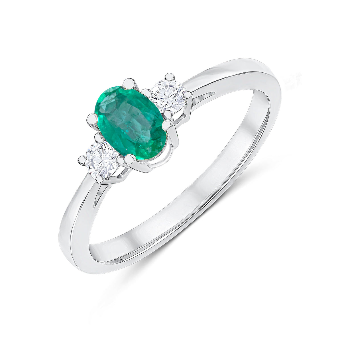9CT WG 6X4 OVAL EMERALD AND ROUND DIAMOND CLAW SET 3ST RING