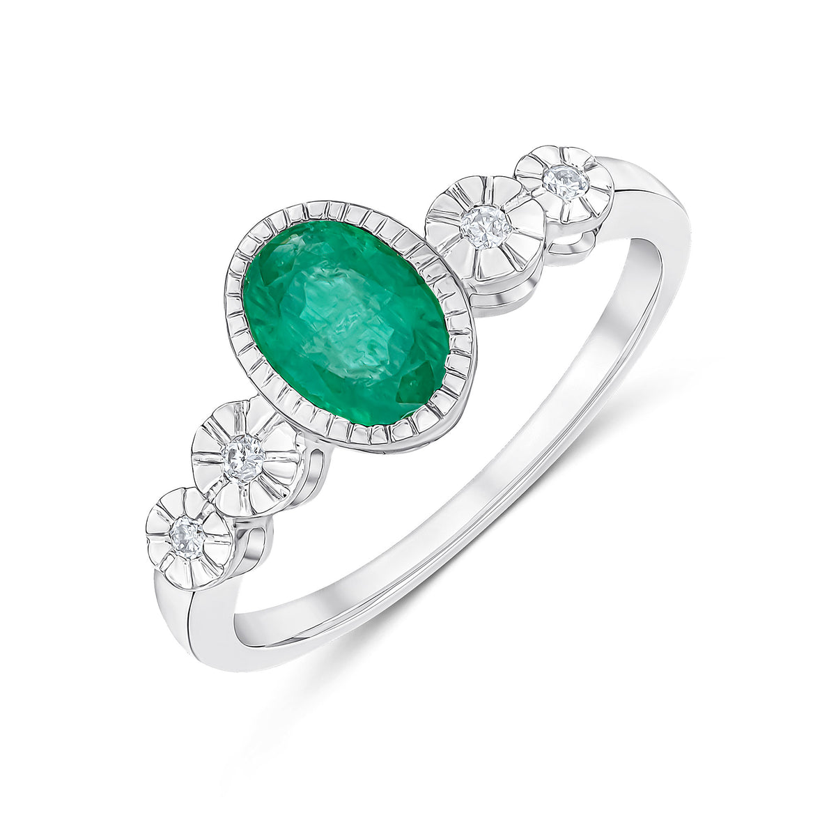 9CT WHITE GOLD MILLEGRAIN OVAL EMERALD AND ILLUSION DIAMOND 4ST SHOULDERS RING
