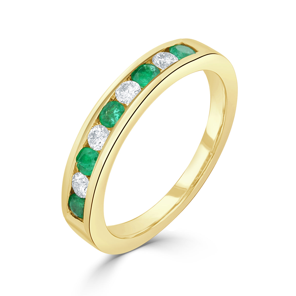 9CT YG ROUND EMERALD AND DIAMOND CHANNEL SET 9ST ETERNITY RING