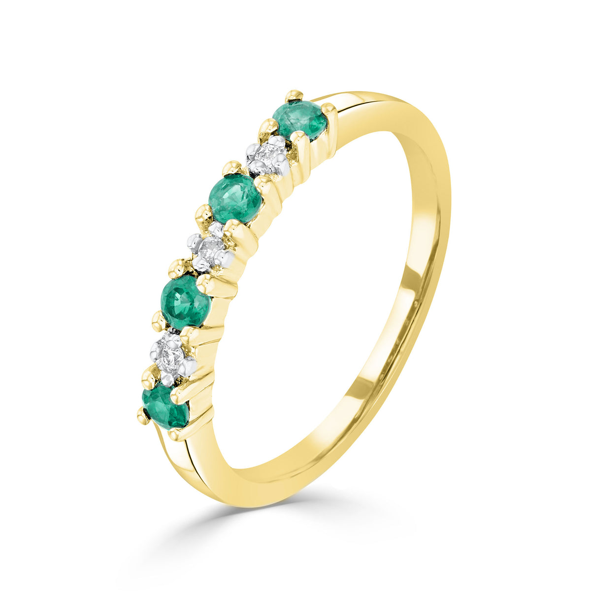 9CT YG ROUND EMERALD AND ROUND DIAMOND CLAW SET 7ST RING