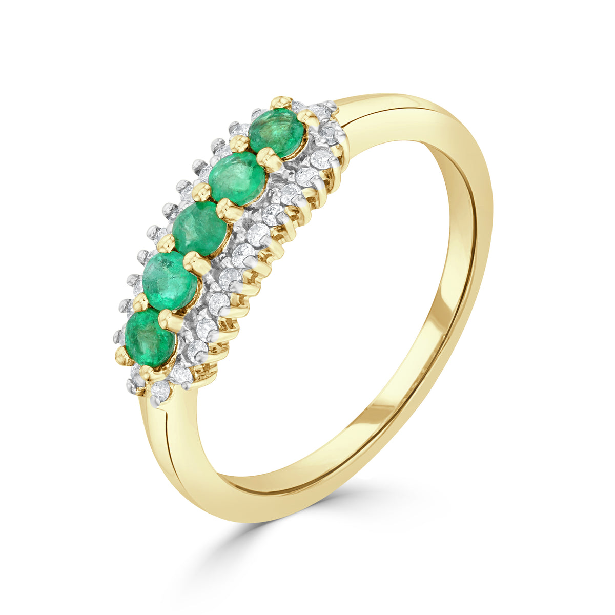 9CT YG ROUND EMERALD AND ROUND DIAMOND 3 ROW CLAW SET BAND RING. RHODIUM TO DIAMONDS
