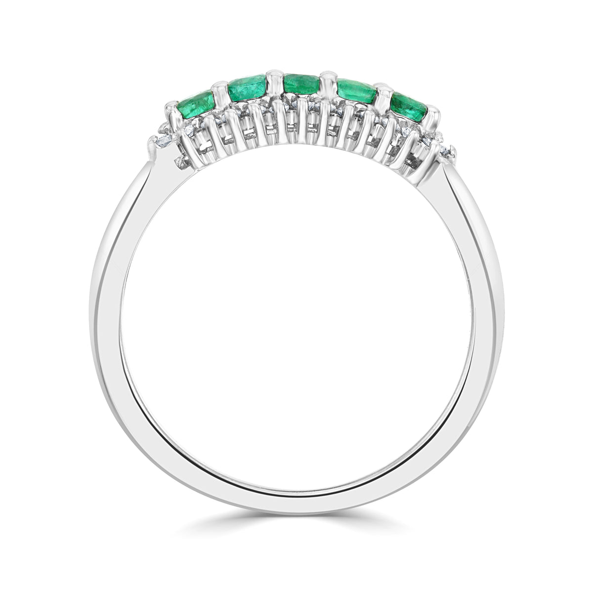 9CT WG ROUND EMERALD AND ROUND DIAMOND 3 ROW CLAW SET BAND RING.