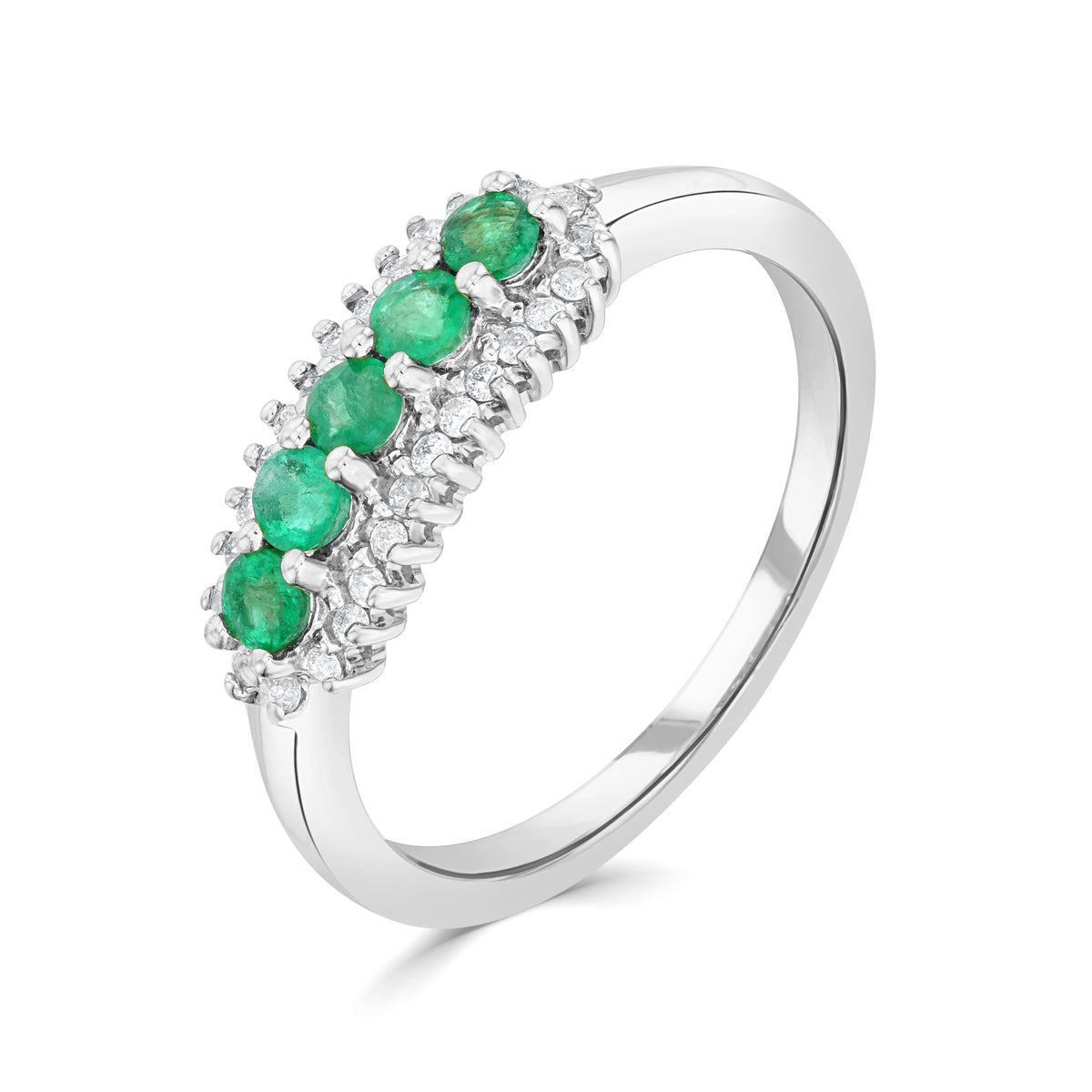 9CT WG ROUND EMERALD AND ROUND DIAMOND 3 ROW CLAW SET BAND RING.