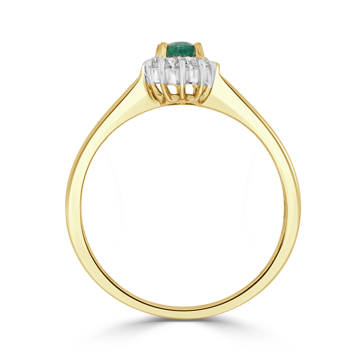 9CT YG 5X3 OVAL EMERALD & DIAMOND CLAW SET CLUSTER RING. RHODIUM TO DIAMONDS