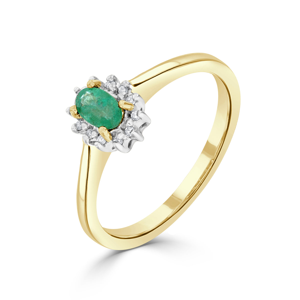 9CT YG 5X3 OVAL EMERALD & DIAMOND CLAW SET CLUSTER RING. RHODIUM TO DIAMONDS
