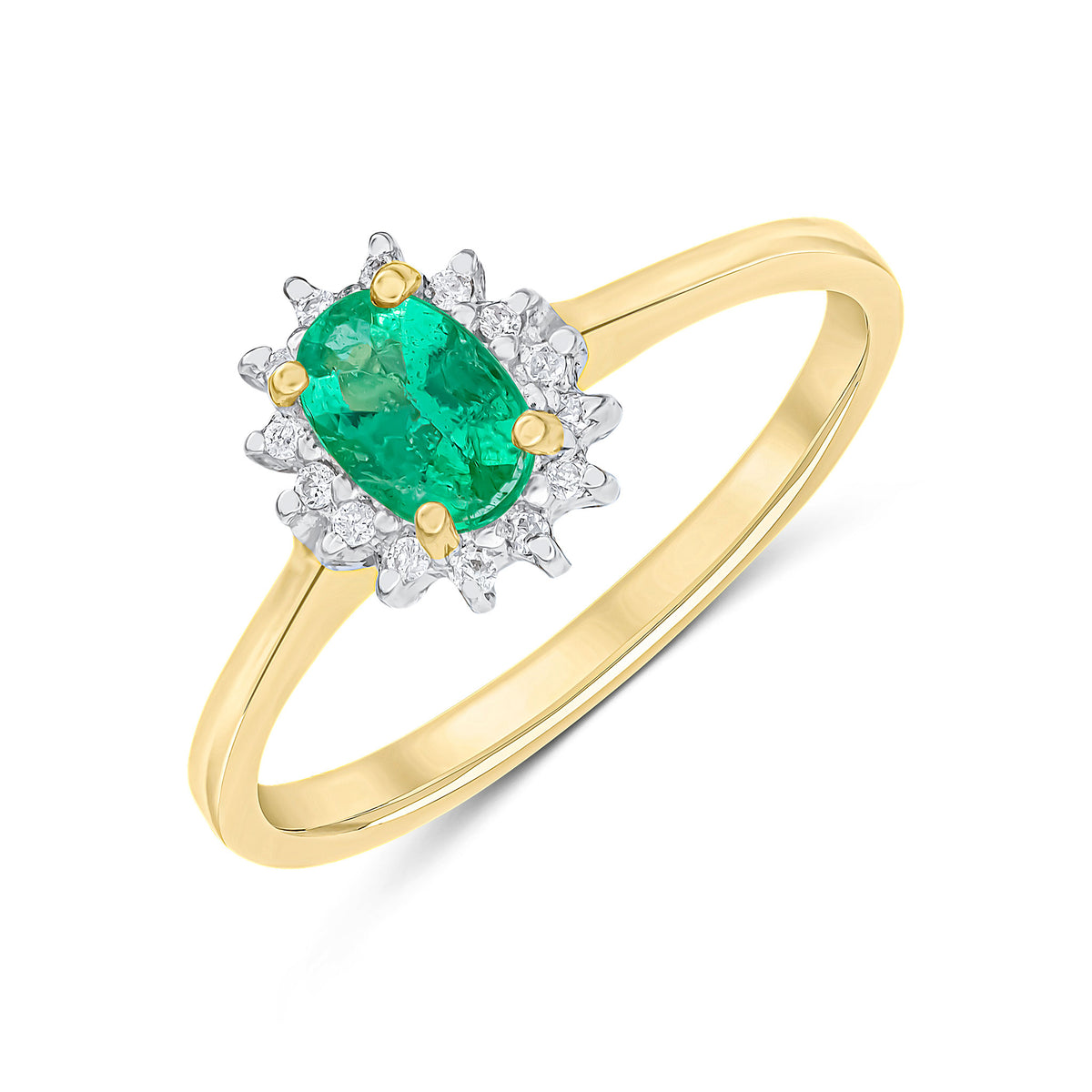 9CT YG 6X4 OVAL EMERALD AND ROUND DIAMOND CLAW SET CLUSTER RING. RHODIUM TO DIAMONDS