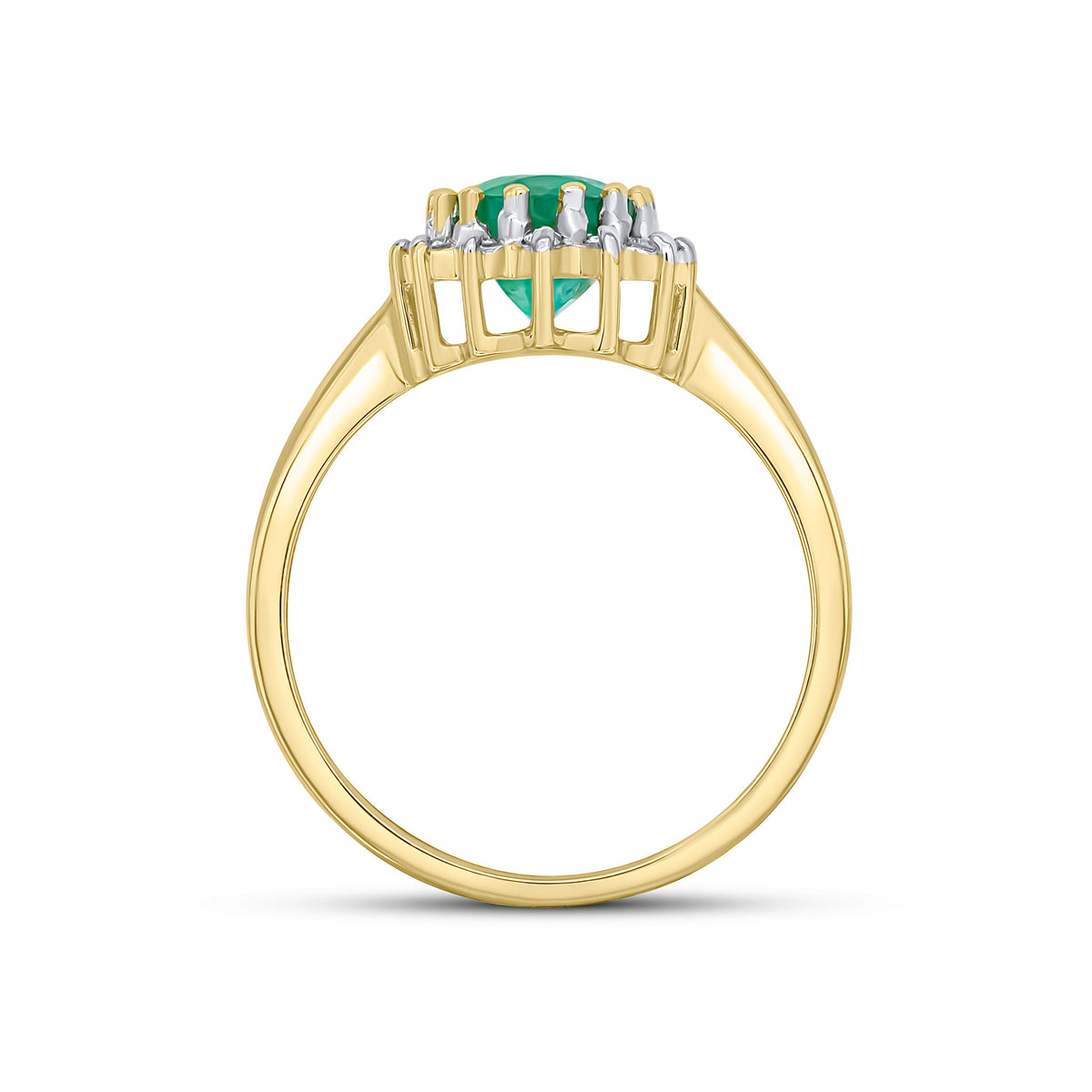 9CT YG 8X6 OVAL EMERALD & DIAMOND CLAW SET CLUSTER RING. RHODIUM TO DIAMONDS