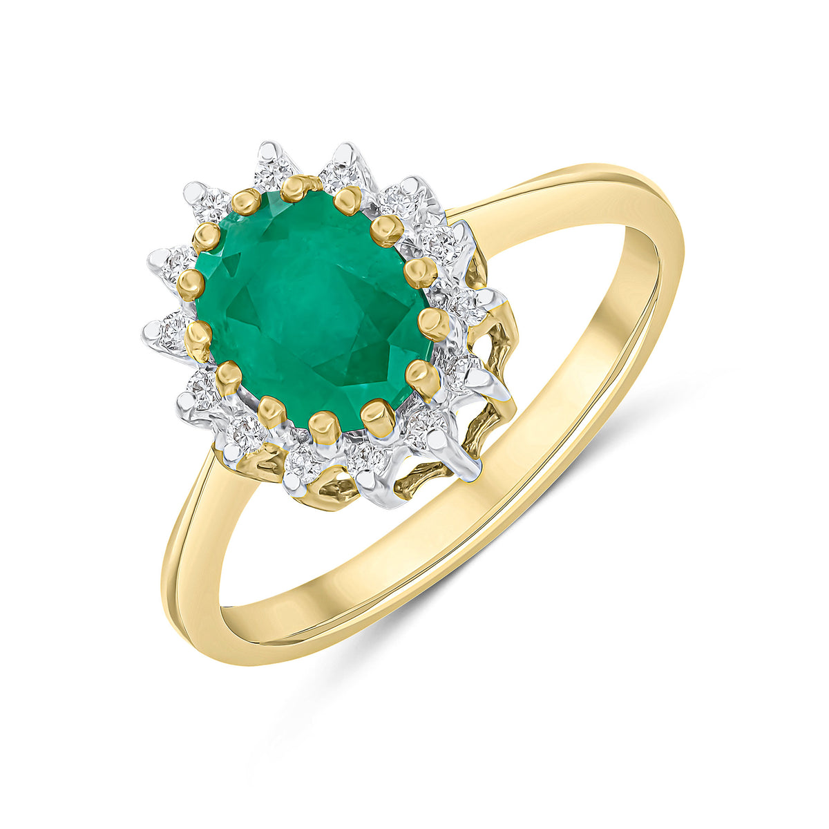 9CT YG 8X6 OVAL EMERALD & DIAMOND CLAW SET CLUSTER RING. RHODIUM TO DIAMONDS