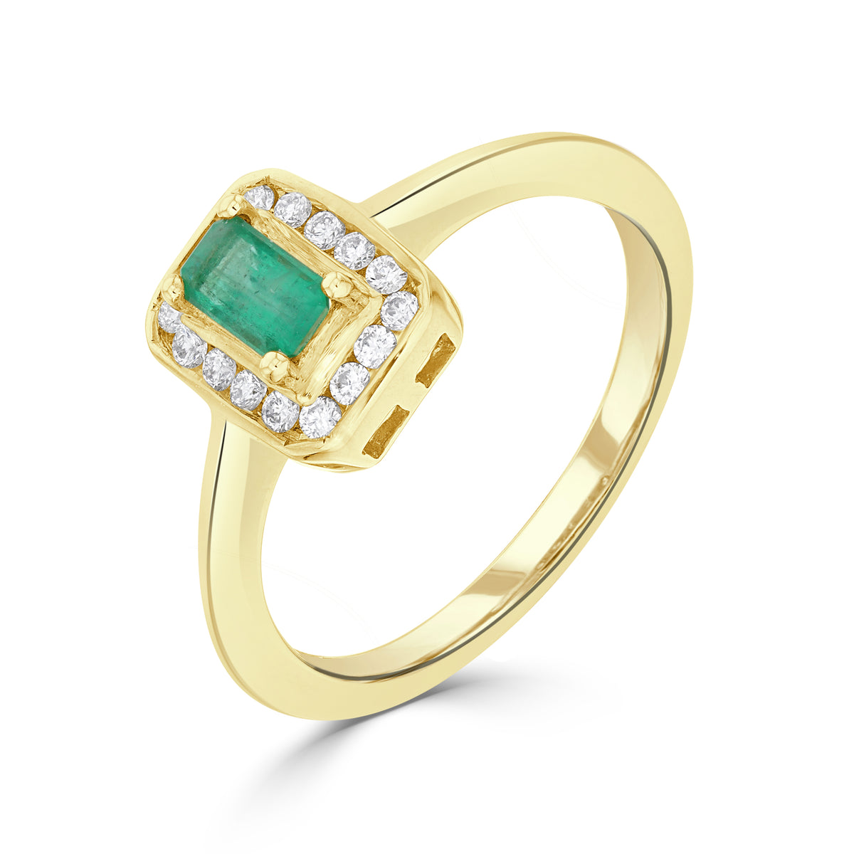 9CT YG CLAW SET 5X3 OCTAGON EMERALD AND CHANNEL SET ROUND DIAMOND CLUSTER RING