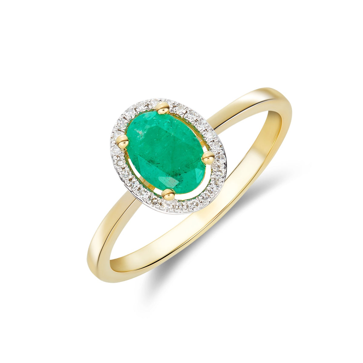 9CT YG 7X5 OVAL EMERALD & ROUND DIAMOND HALO CLUSTER RING. RHODIUM TO DIAMONDS
