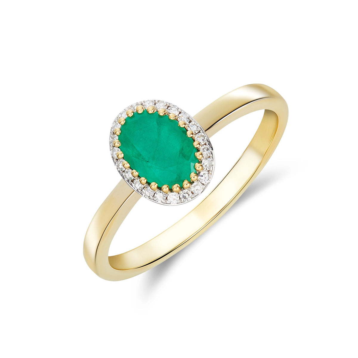 9CT YG 7X5 OVAL EMERALD AND ROUND DIAMOND CLAW SET CLUSTER RING. RHODIUM TO DIAMONDS