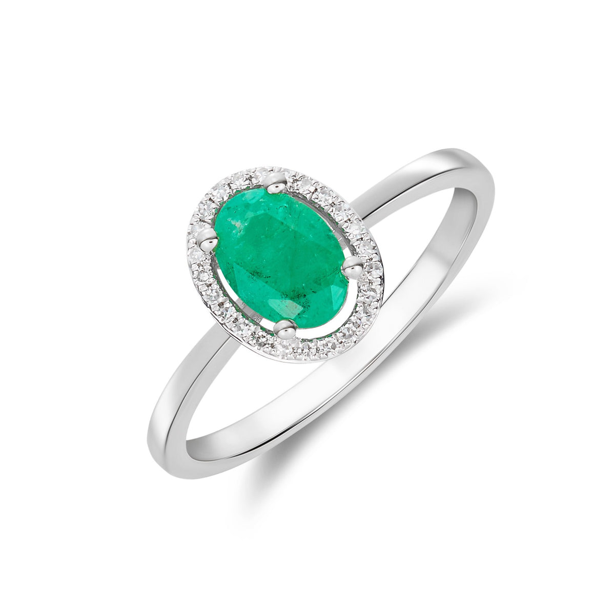 9CT WG 7X5 OVAL EMERALD & ROUND DIAMOND HALO CLUSTER RING