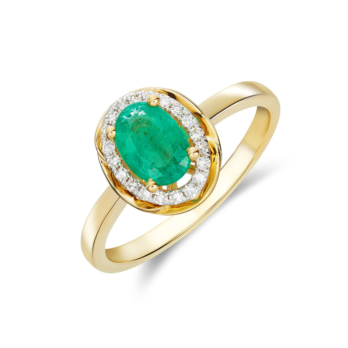 9CT YG 7X5 OVAL EMERALD & DIAMOND CLUSTER RING WITH ROPE EDGE. RHODIUM TO DIAMONDS