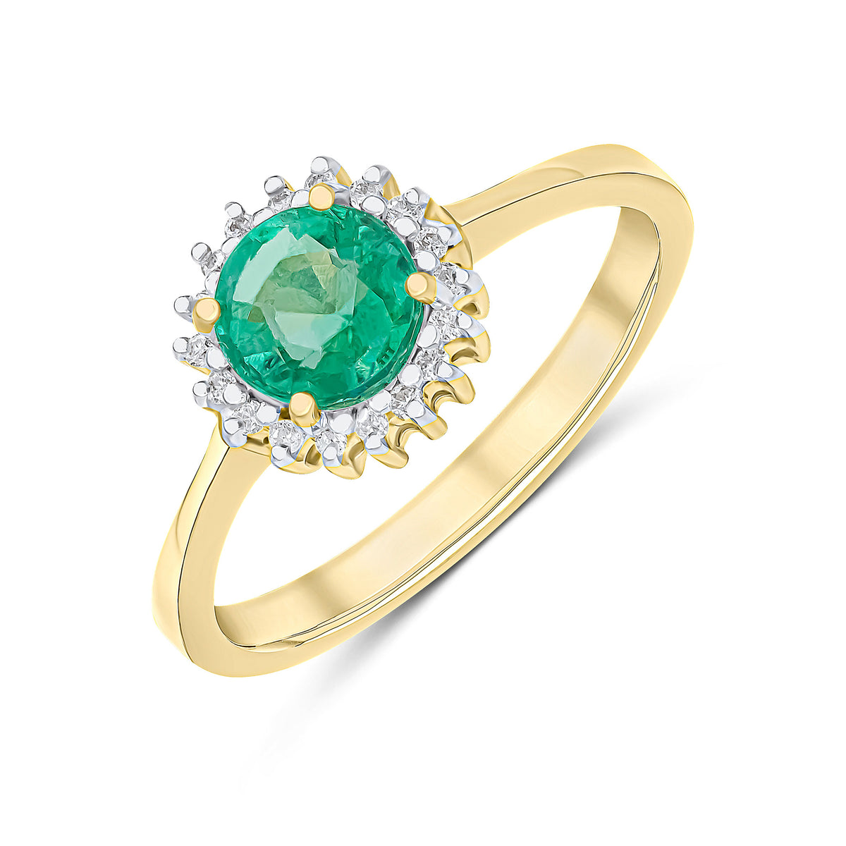 9CT YG 6MM ROUND EMERALD & DIAMOND CLAW SET CLUSTER RING. RHODIUM TO DIAMONDS