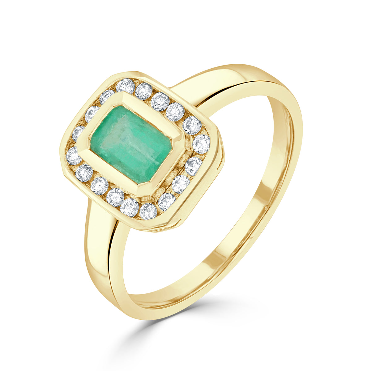 9CT YG RUBOVER 6X4 OCTAGON EMERALD & CHANNEL SET DIAMOND CLUSTER RING