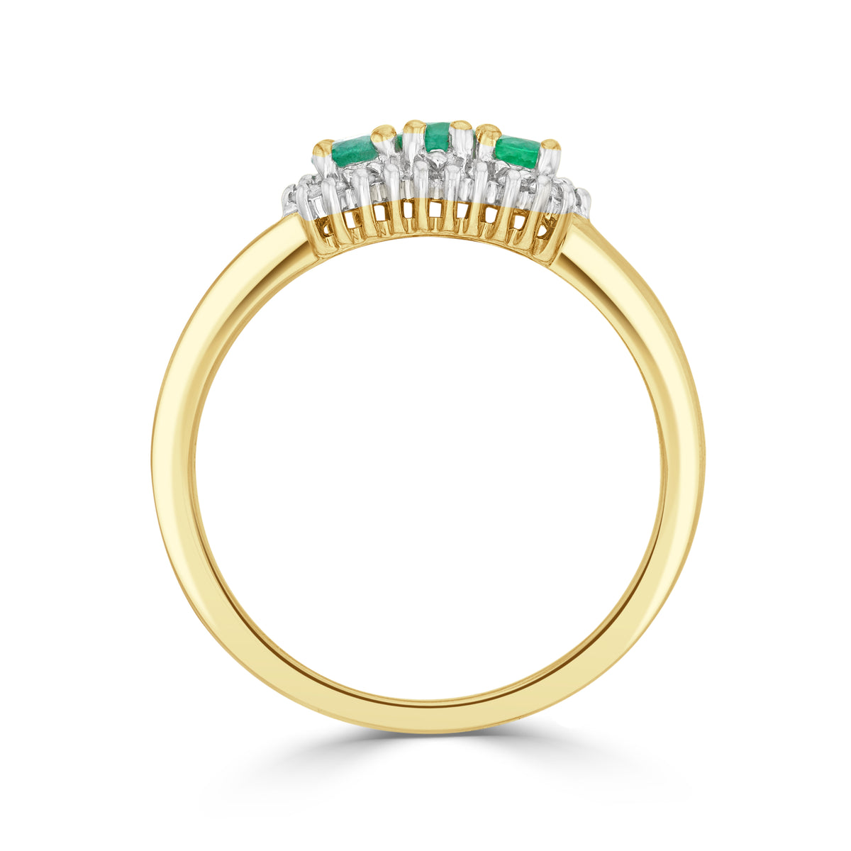 9CT YG OVAL EMERALD AND DIAMOND TRIPLE CLUSTER RING. RHODIUM TO DIAMONDS