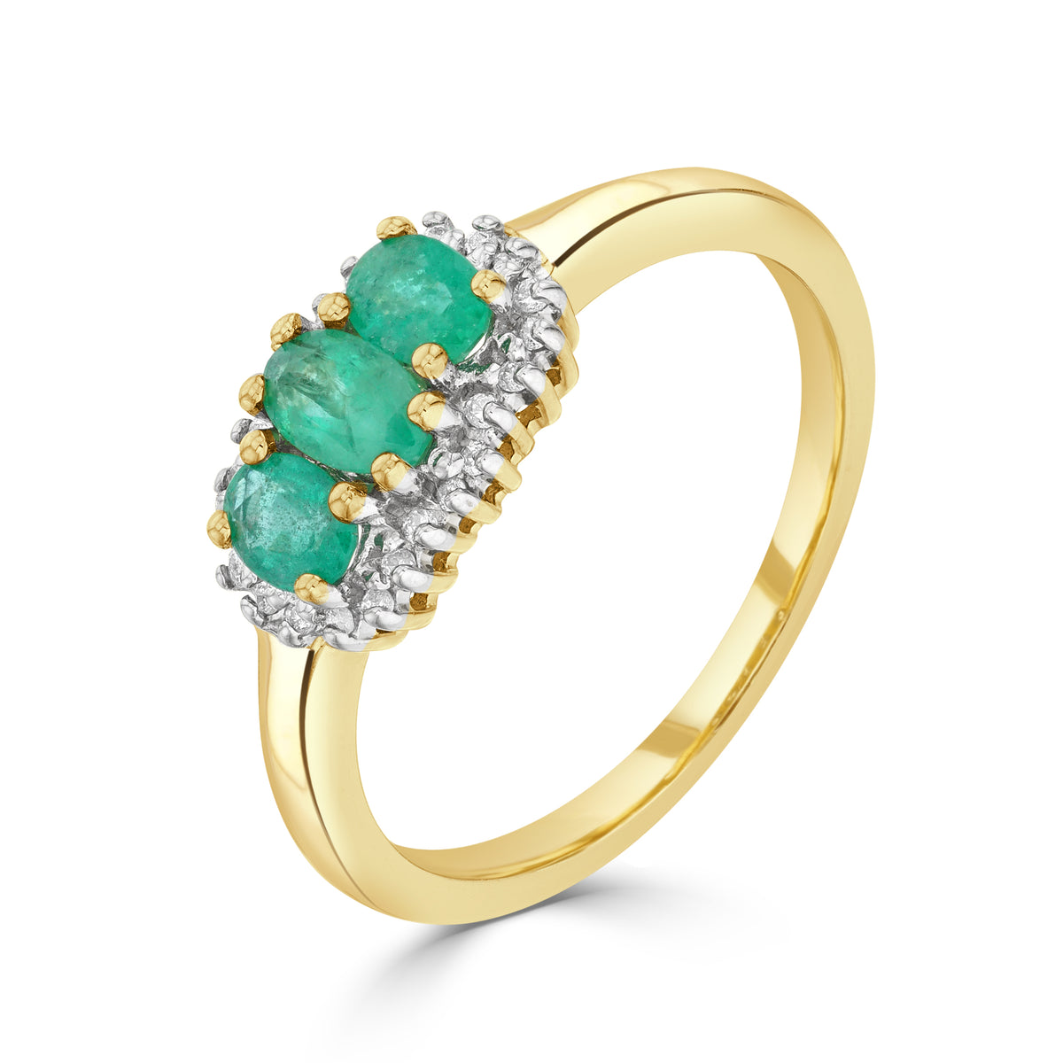 9CT YG OVAL EMERALD AND DIAMOND TRIPLE CLUSTER RING. RHODIUM TO DIAMONDS