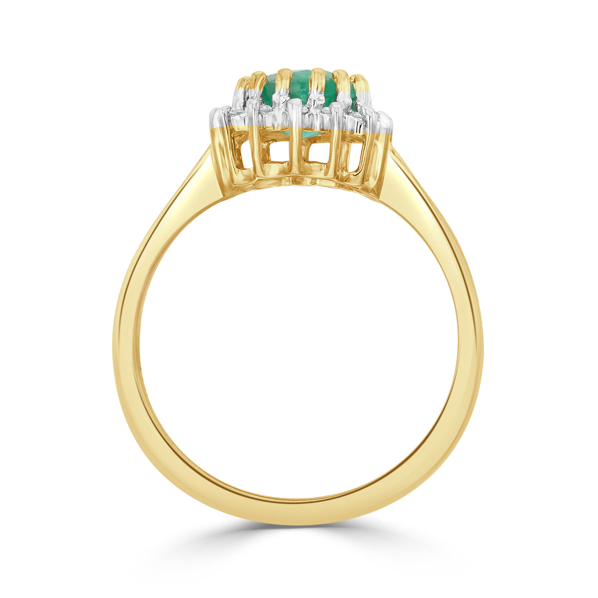 9CT YG 8X6 OVAL EMERALD & DIAMOND CLAW SET CLUSTER RING. RHODIUM TO DIAMONDS