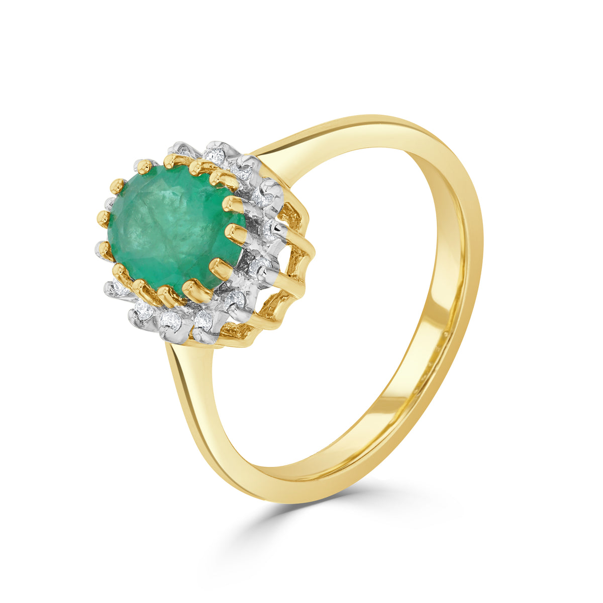 9CT YG 8X6 OVAL EMERALD & DIAMOND CLAW SET CLUSTER RING. RHODIUM TO DIAMONDS