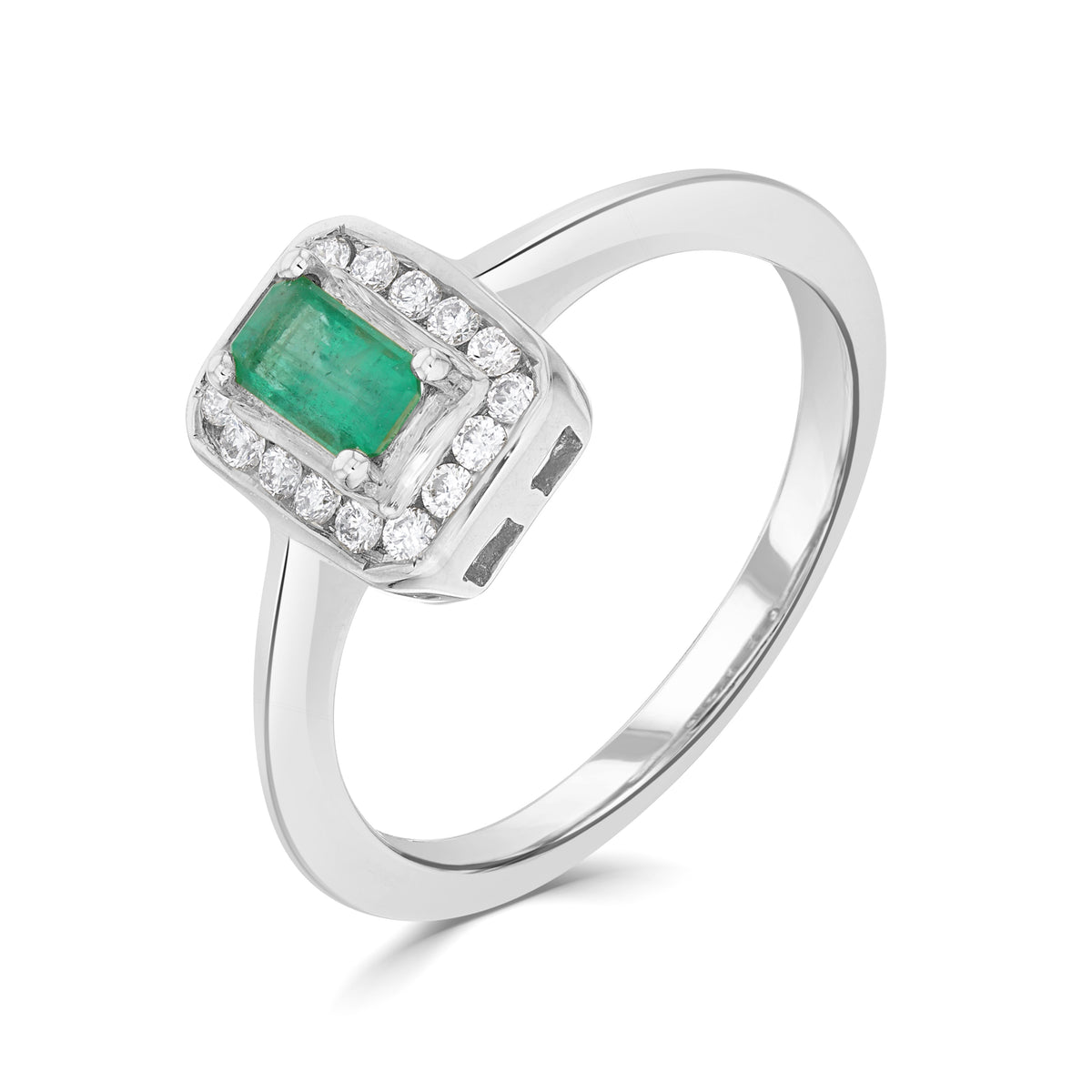 9CT WG CLAW SET 5X3 OCTAGON EMERALD AND CHANNEL SET ROUND DIAMOND CLUSTER RING
