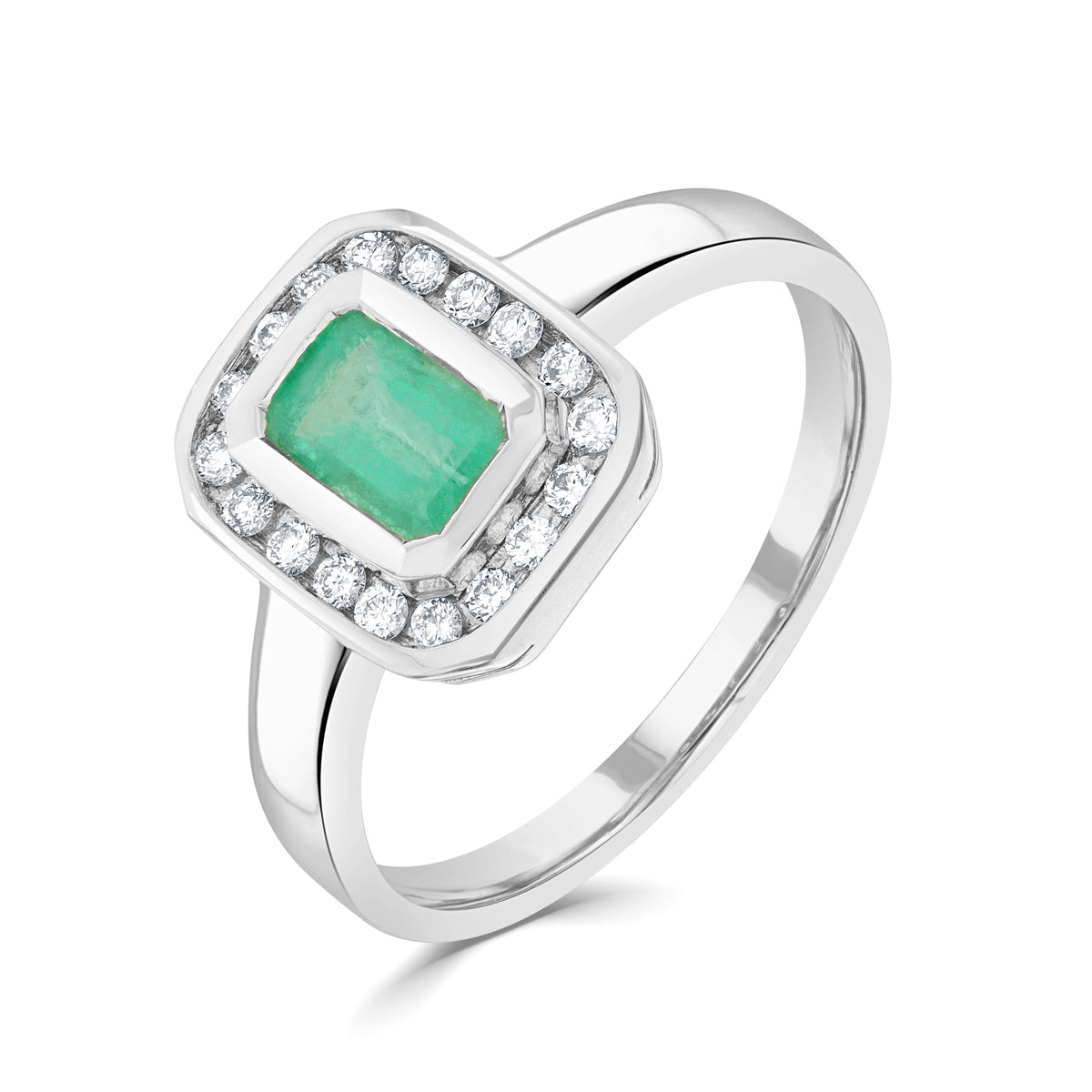 9CT WG RUBOVER 6X4 OCTAGON EMERALD & CHANNEL SET DIAMOND CLUSTER RING