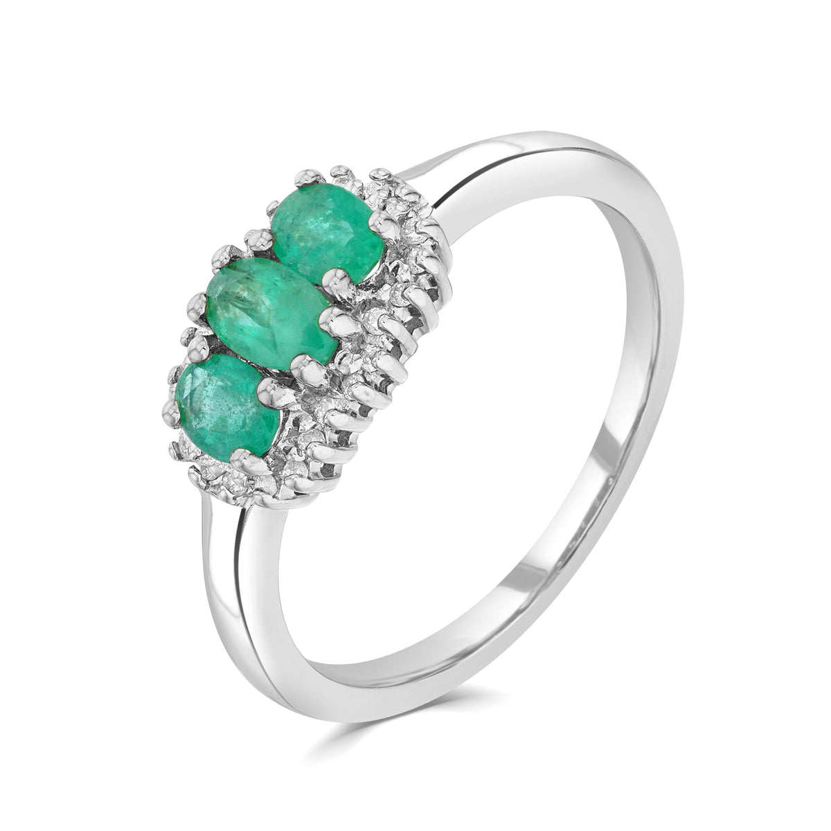 9CT WG OVAL EMERALD AND DIAMOND TRIPLE CLUSTER RING