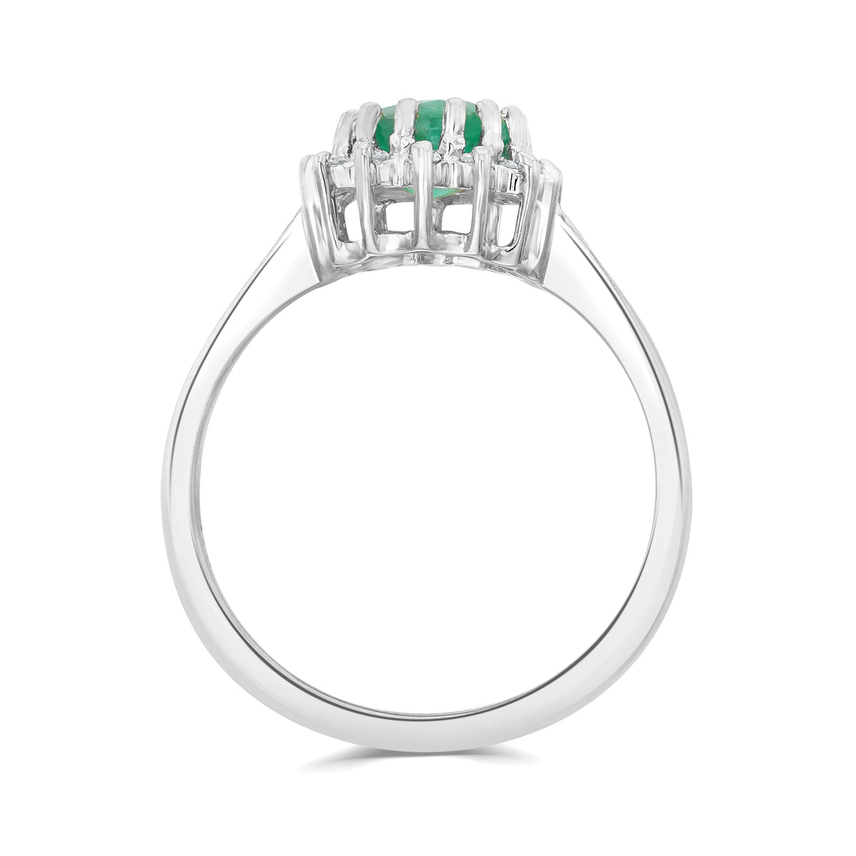 9CT WG 8X6 OVAL EMERALD & DIAMOND CLAW SET CLUSTER RING.