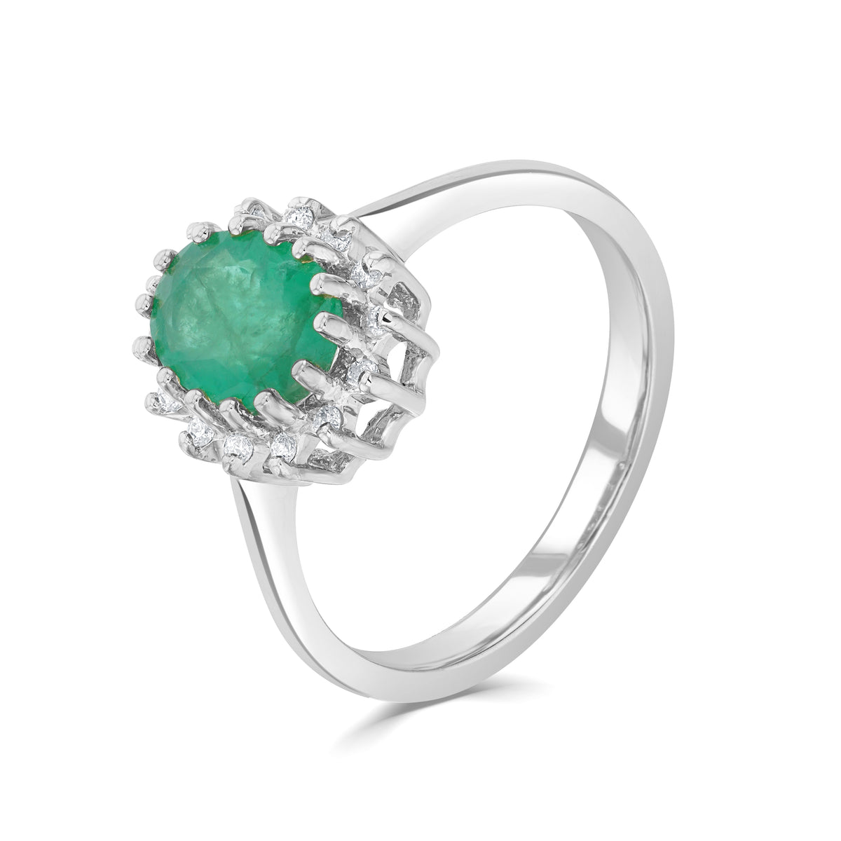 9CT WG 8X6 OVAL EMERALD & DIAMOND CLAW SET CLUSTER RING.