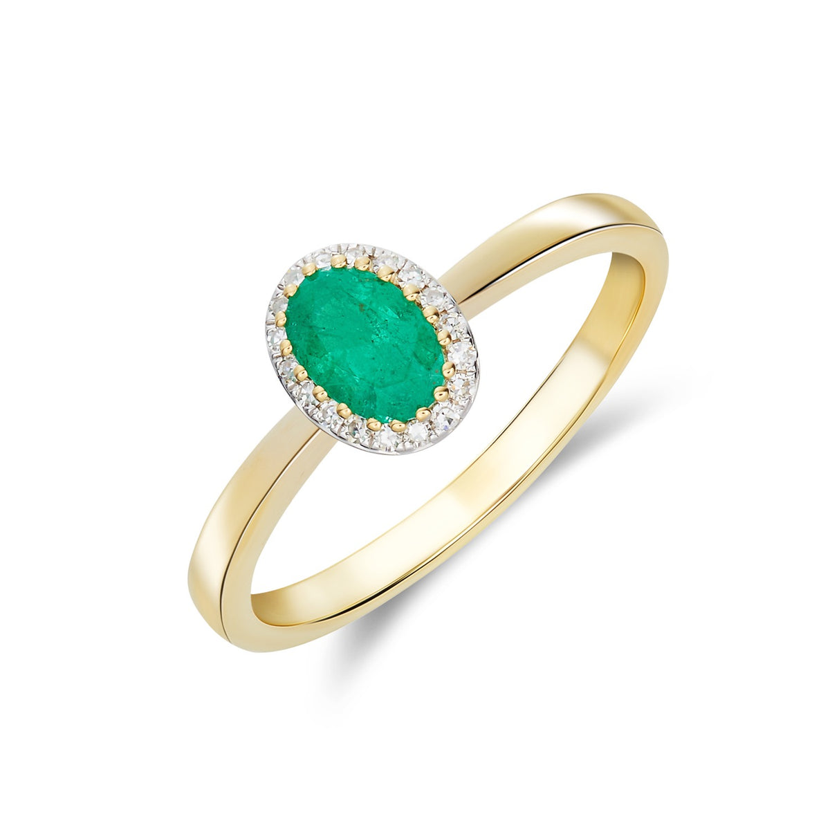 9CT YG 6X4 OVAL EMERALD AND DIAMOND CLAW CLUSTER RING. RHODIUM TO DIAMONDS