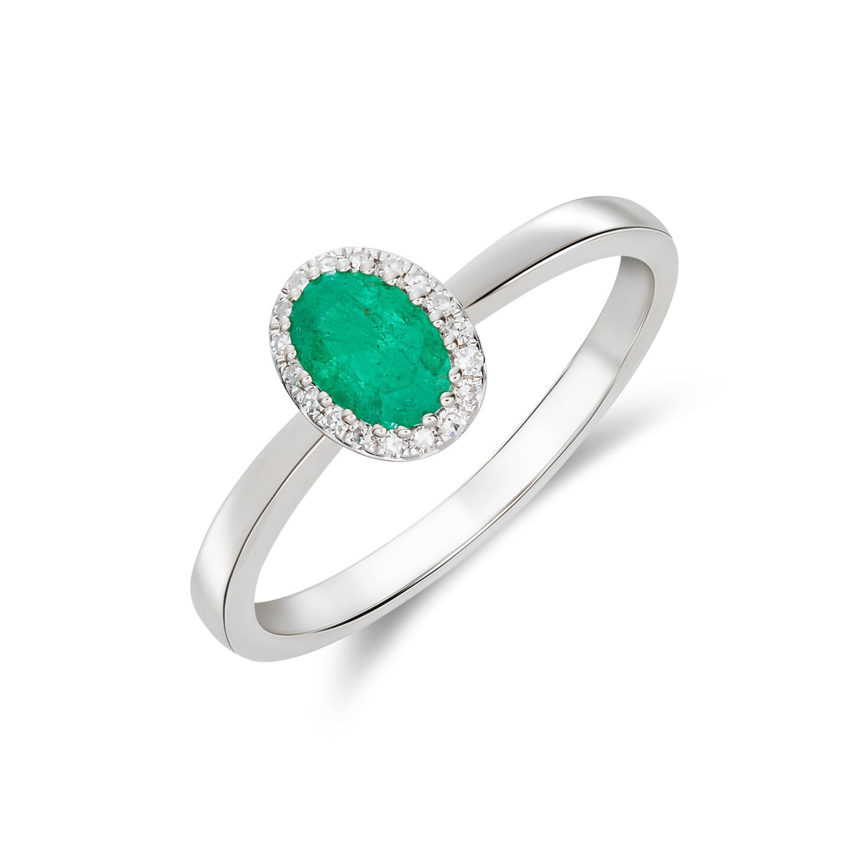 9CT WHITE GOLD OVAL EMERALD AND DIAMOND CLAW CLUSTER RING
